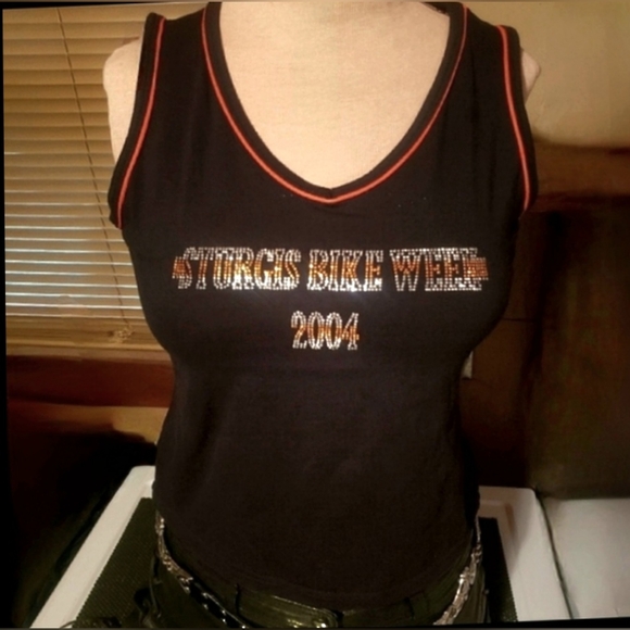 Vtg Y2K V Twin blk orange Sturgis bike wk 2004 rhinestone graphics tank XL NWOT - Picture 1 of 17